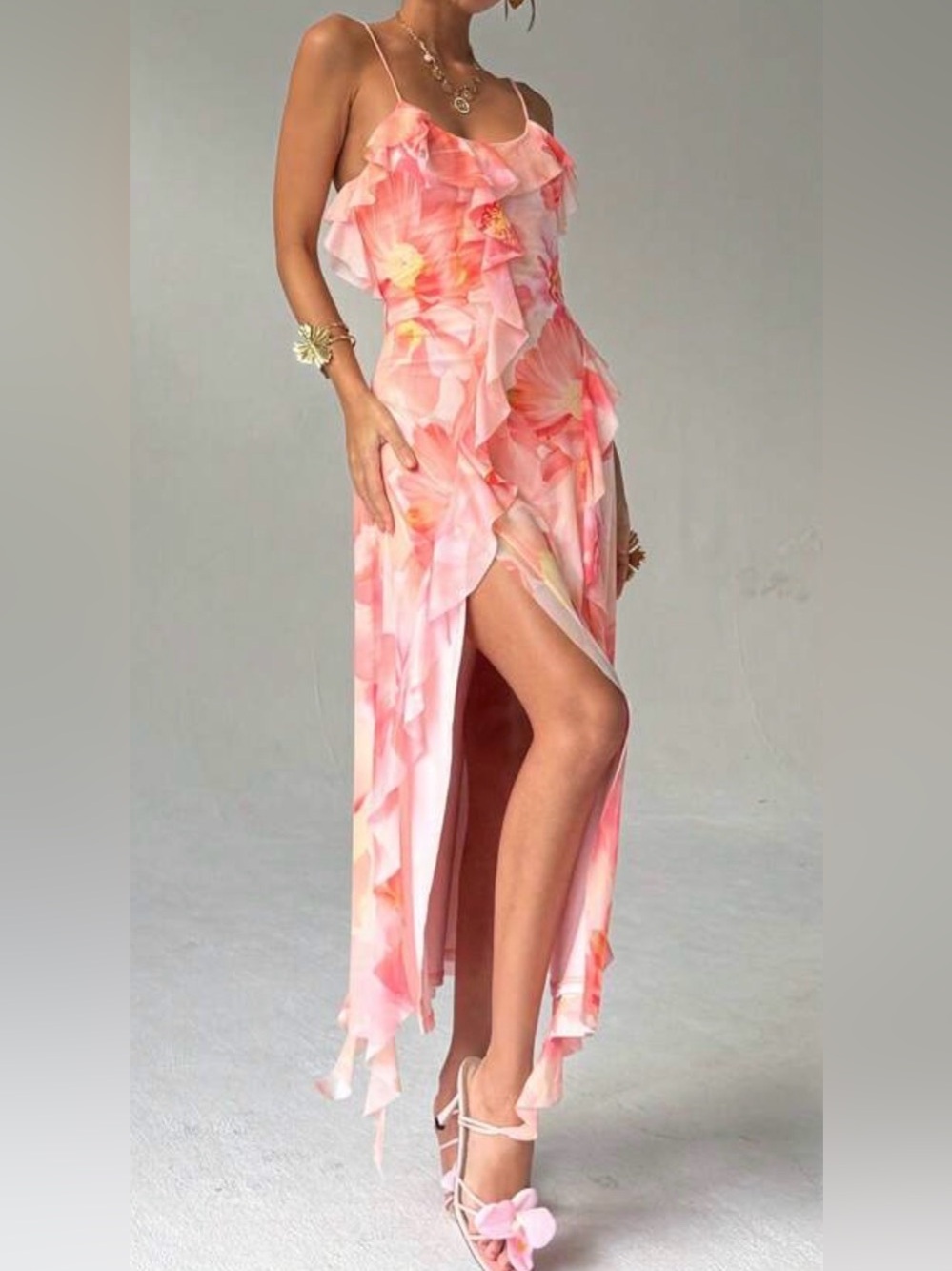 Floral Pink Ruffle High-Slit Maxi Skirt